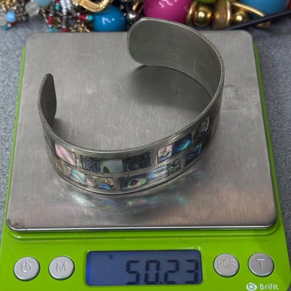 Vintage Abalone Shell & Metal Alpaca Inlaid Southwest Mosaic Cuff Bracelet 7.5” - Picture 4 of 7